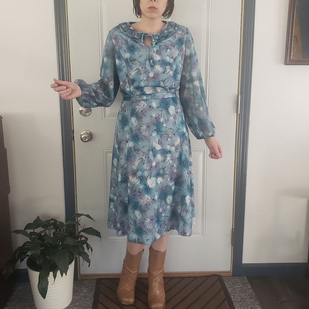 70s Blue Watercolor Floral Midi Dress